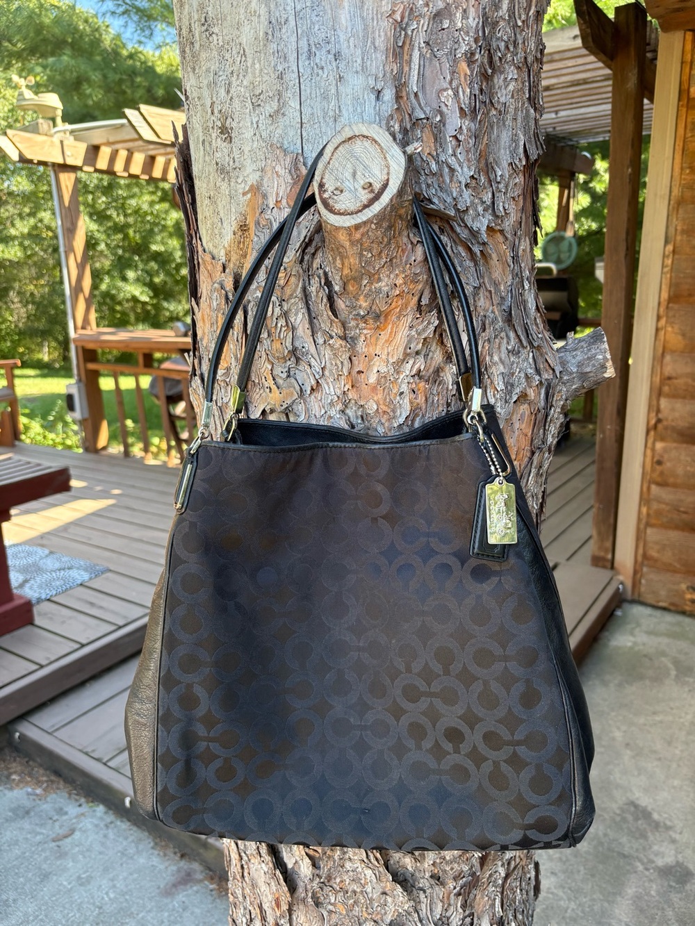 Coach Black Signature Jacquard Tote with Leather Trim